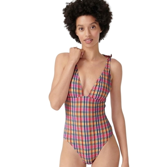 J. Crew | Pink Madras Plaid Tie-Shoulder V-Neck One-Piece Swimsuit (Size 16) - Picture 1 of 15